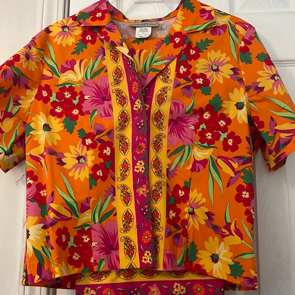 Sharon Young floral button up shirt and skirt set.